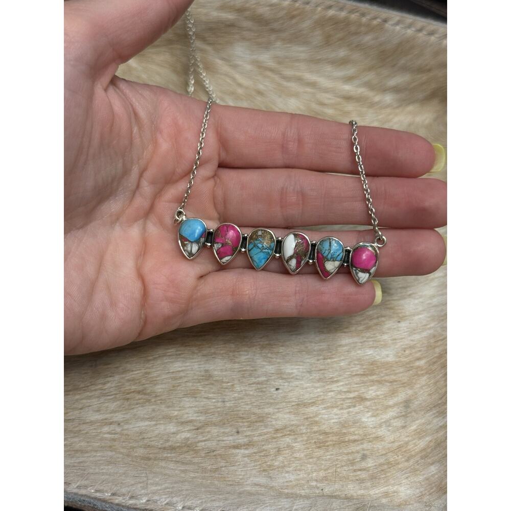 Native American SW Sterling Silver Pink Cotton Candy Dahlia 6 Stone Bar Necklace
